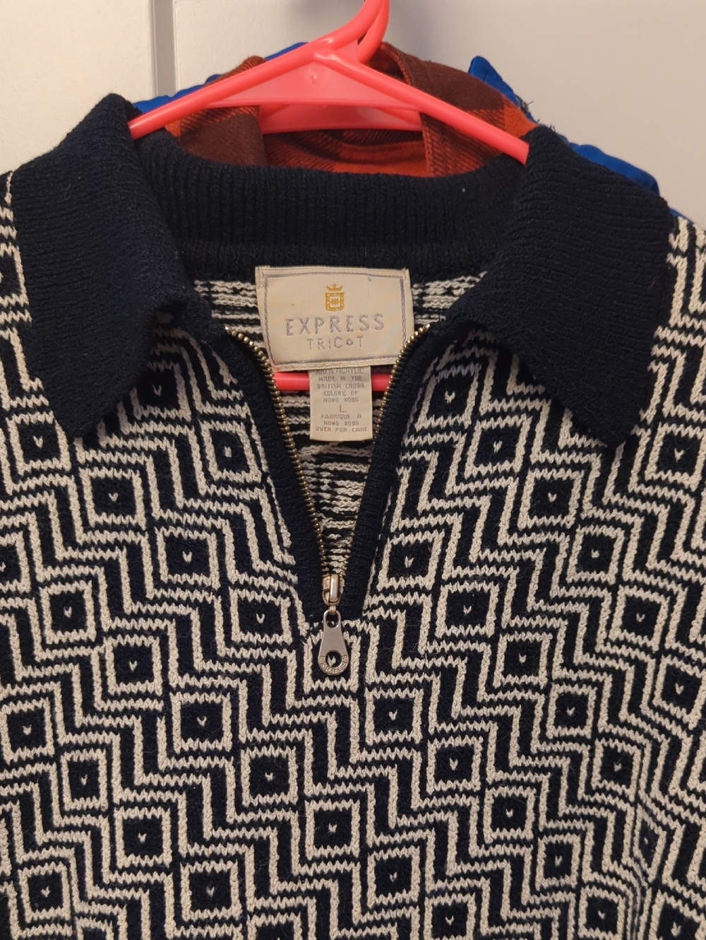 Express TRICoT Men's Navy & Cream Geometric Half-Zip Pullover 80's Guy Sweater L